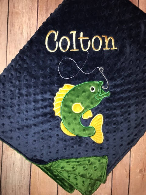 Fishing -Personalized Minky Baby Blanket - Navy Minky/ Green Minky - Embroidered Bass Fish