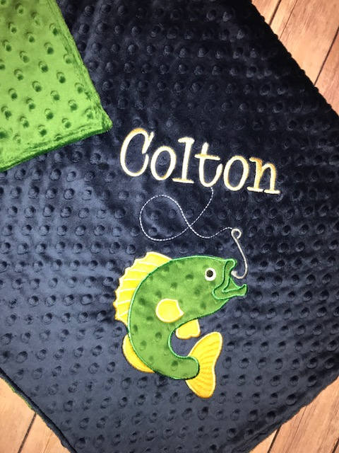 Fishing -Personalized Minky Baby Blanket - Navy Minky/ Green Minky - Embroidered Bass Fish