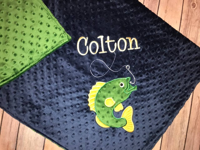 Fishing -Personalized Minky Baby Blanket - Navy Minky/ Green Minky - Embroidered Bass Fish