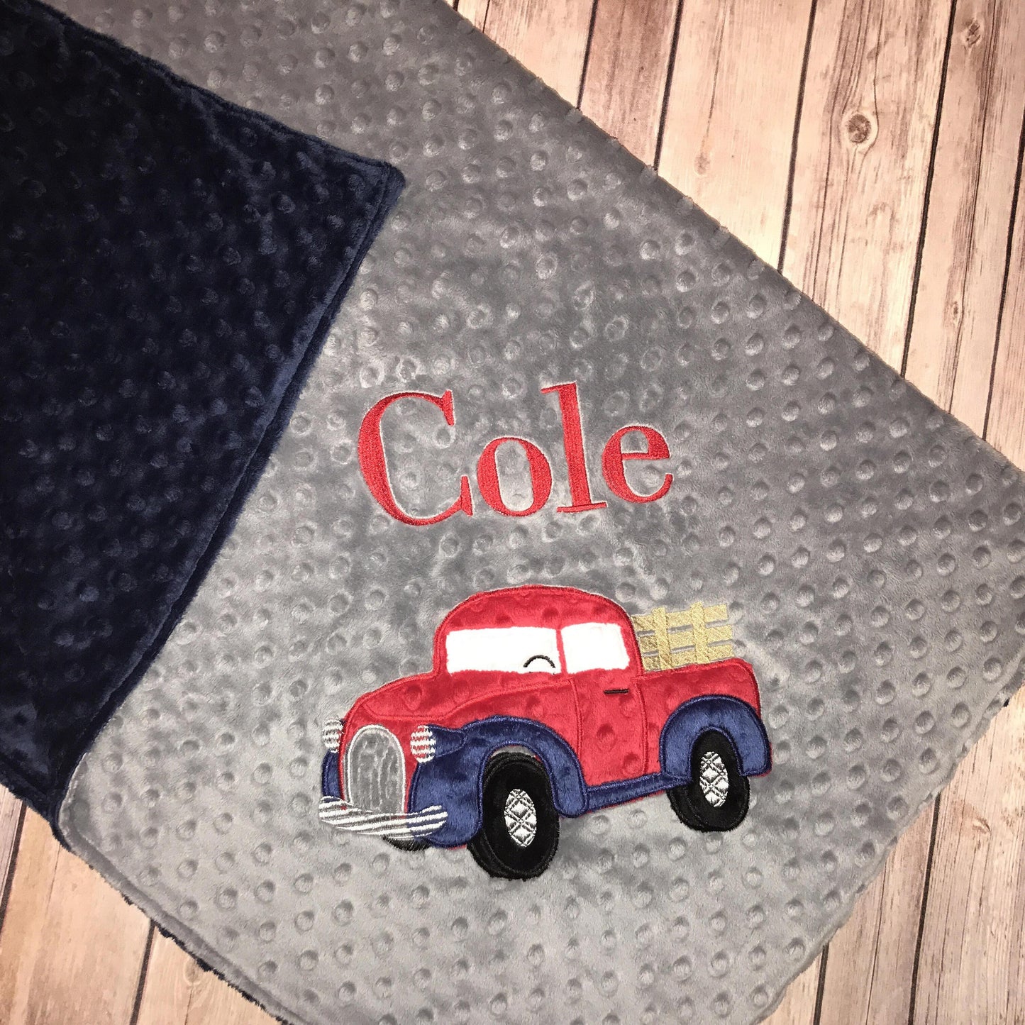 Antique Truck -Personalized Minky Baby Blanket - Navy Minky/ Gray Minky - Embroidered Antique Truck