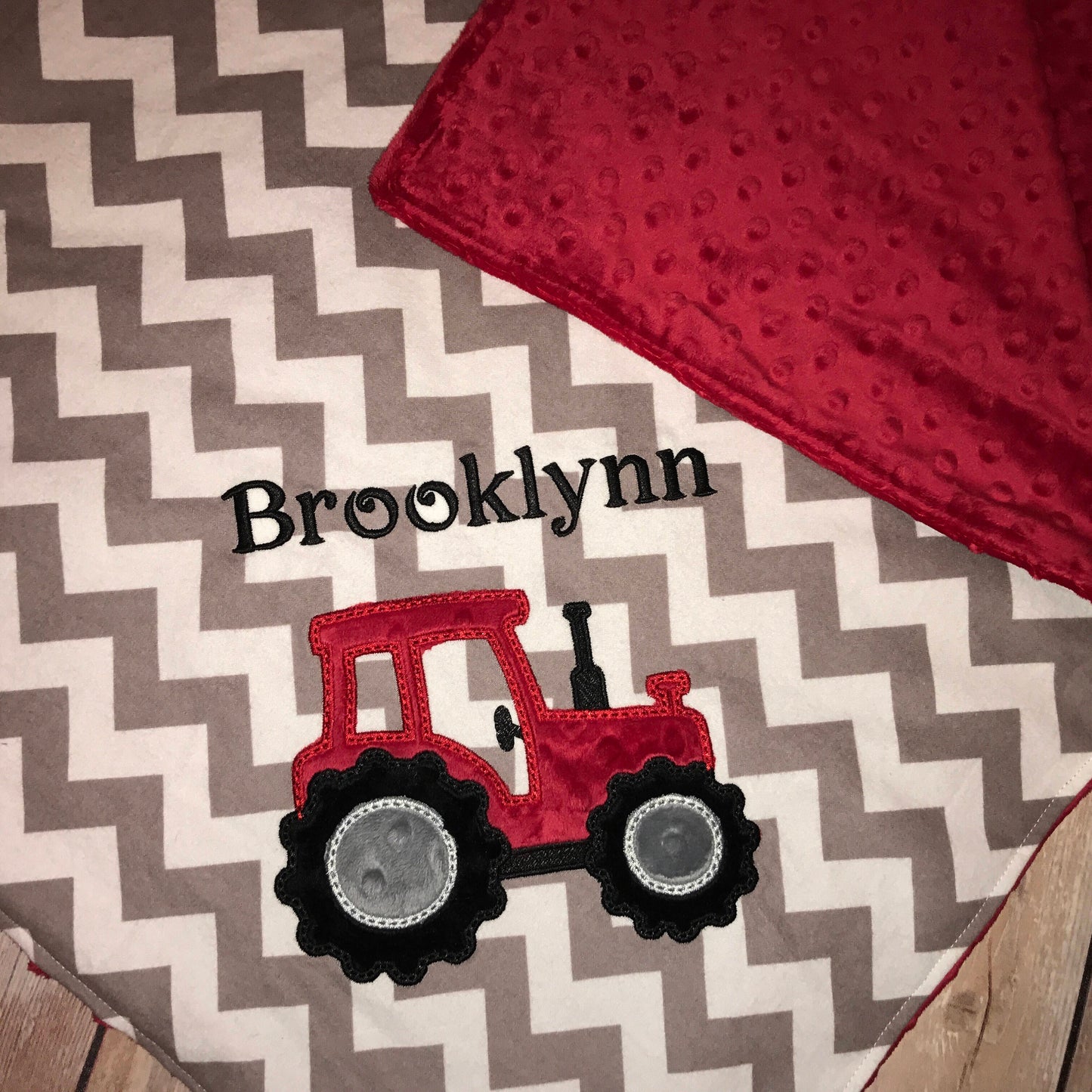 Tractor  - Chevron & Minky Baby Blanket with Embroidered Tractor