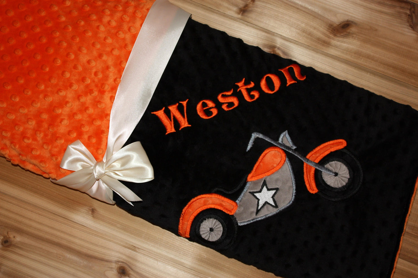 Motorcycle- Personalized Minky Baby Blanket - Black / Orange Minky - Embroidered Motorcycle