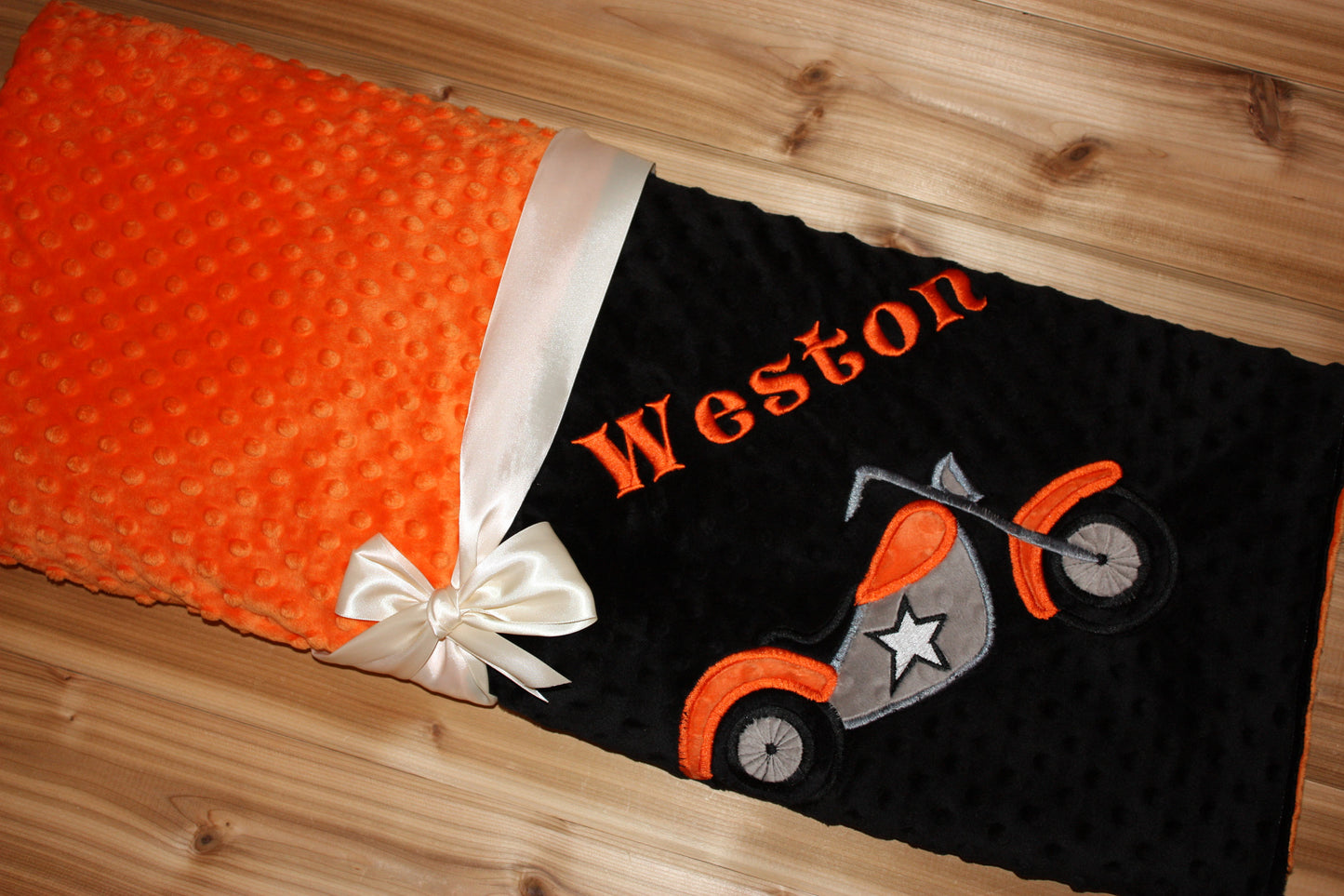 Motorcycle- Personalized Minky Baby Blanket - Black / Orange Minky - Embroidered Motorcycle