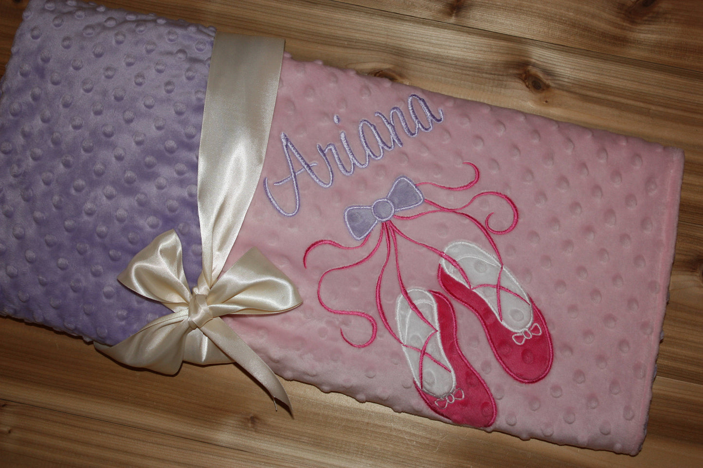 Personalized Ballet Minky Baby Blanket - Baby Pink / Lavender Minky - Embroidered Ballet Slippers