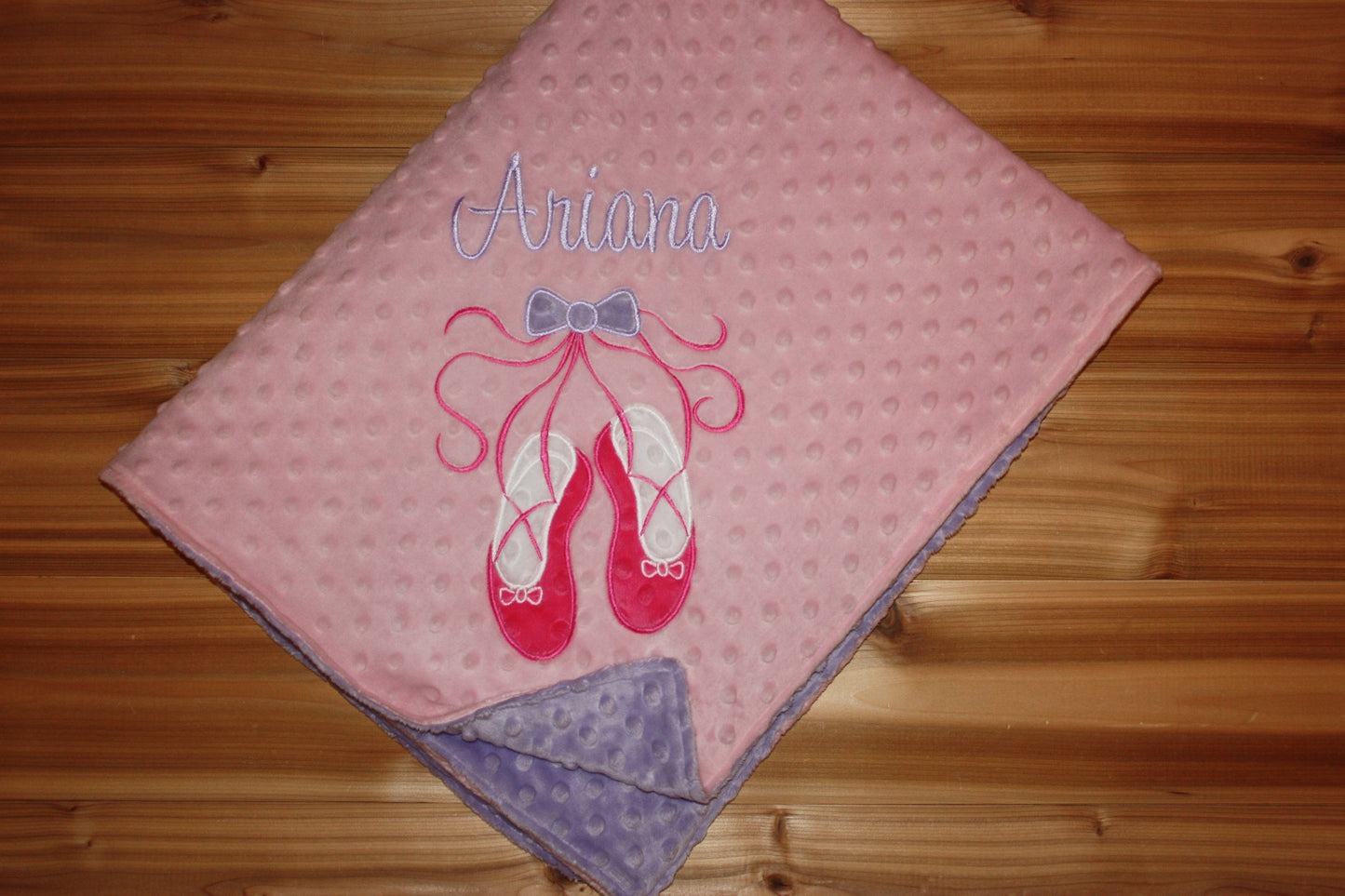 Personalized Ballet Minky Baby Blanket - Baby Pink / Lavender Minky - Embroidered Ballet Slippers