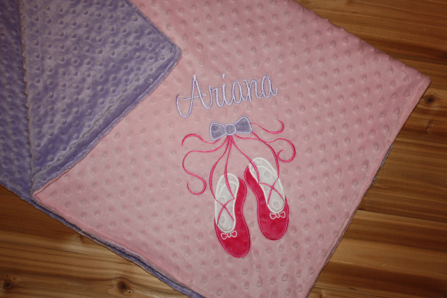 Personalized Ballet Minky Baby Blanket - Baby Pink / Lavender Minky - Embroidered Ballet Slippers