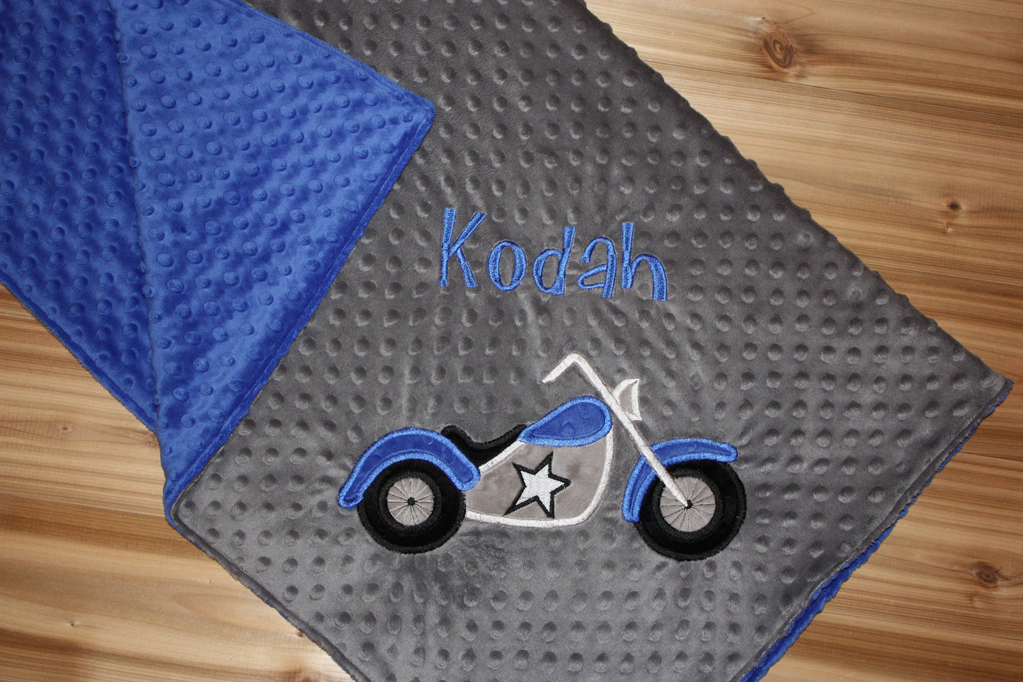 Motorcycle- Personalized Minky Baby Blanket - Gray / Blue Minky - Embroidered Motorcycle