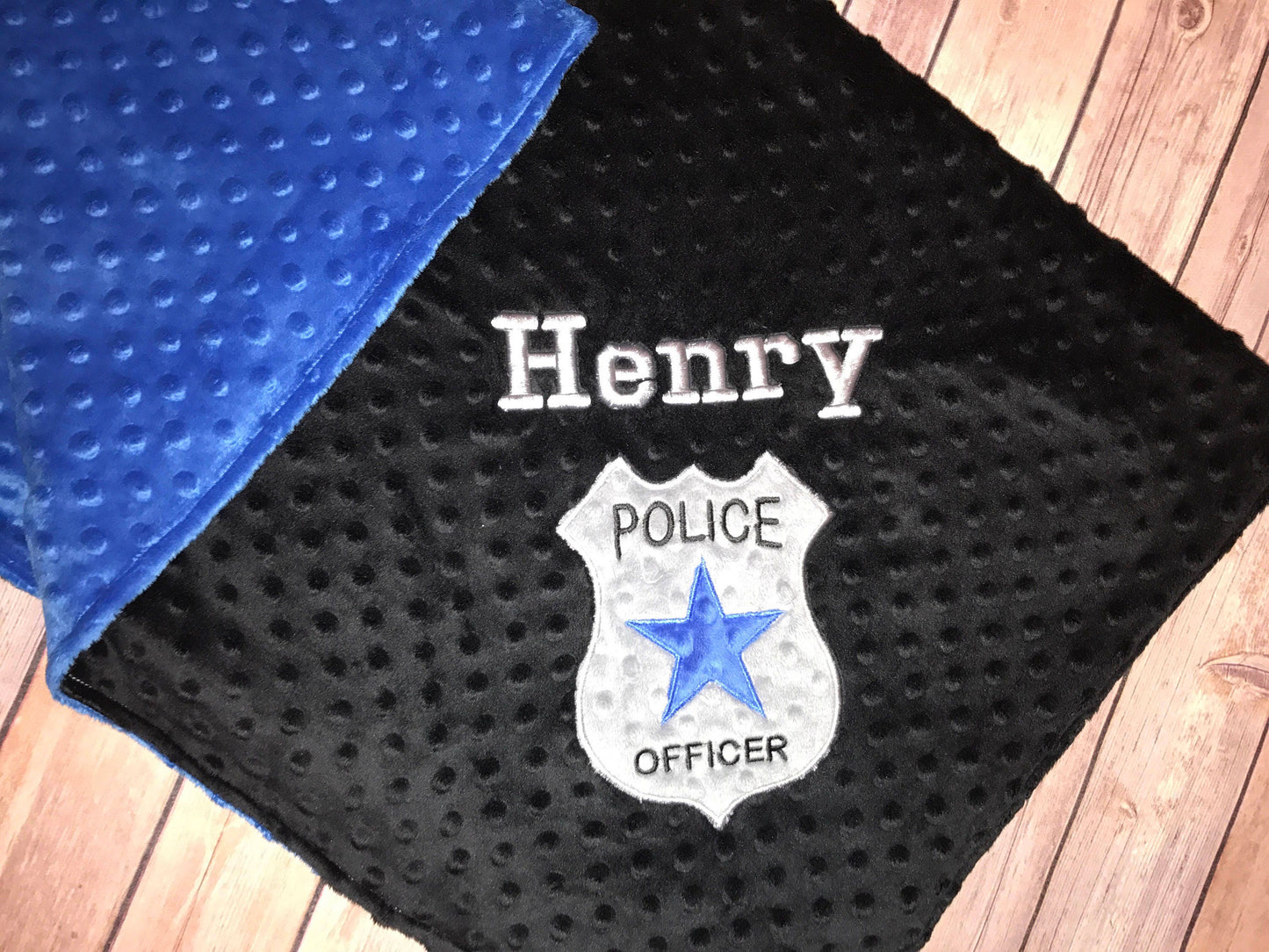 Police Badge - Personalized Minky Baby Blanket - Blue  / Black Minky - Embroidered Police Badge