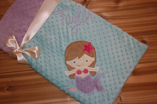 Mermaid- Personalized Minky Baby Blanket - Purple / Aqua  Minky - Embroidered Mermaid