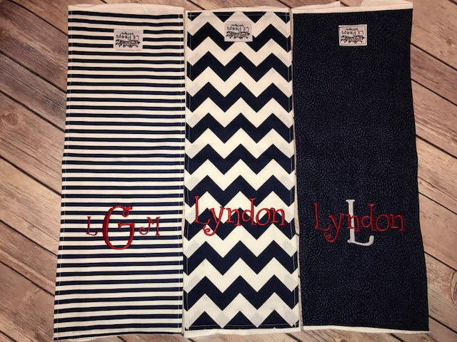 Personalized Burp Cloth Set of 3 - Navy Chevron, Navy & White Stripes and Navy Swirl