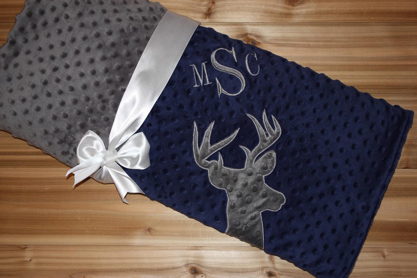 Buck- Personalized Minky Baby Blanket - Navy / Grey Minky - Embroidered Buck