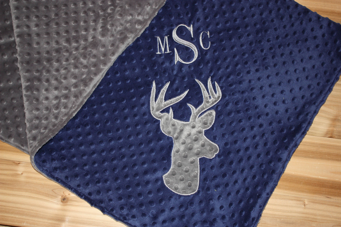 Buck- Personalized Minky Baby Blanket - Navy / Grey Minky - Embroidered Buck