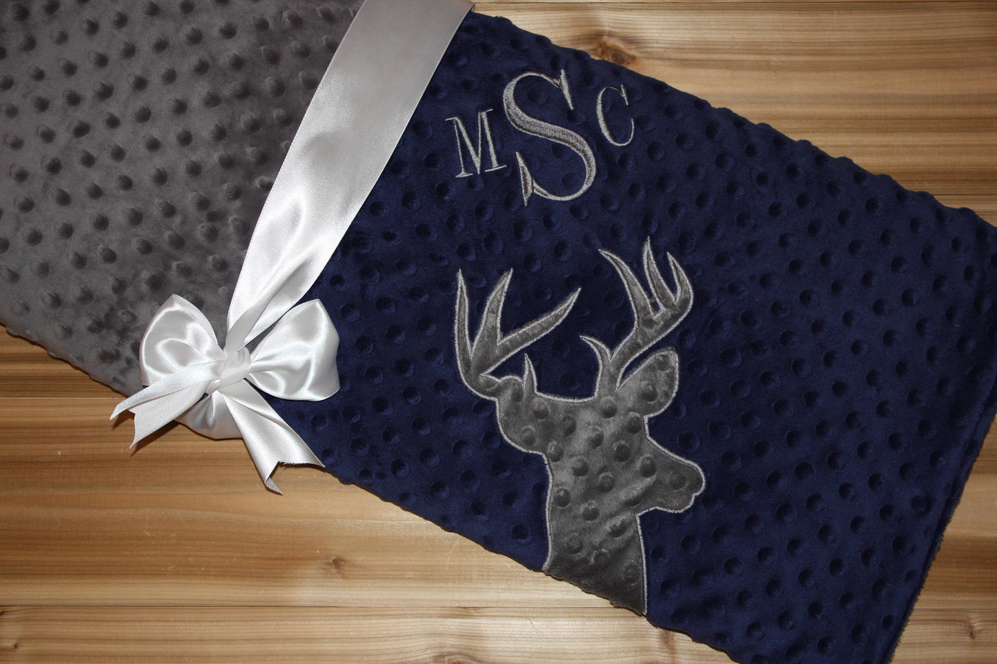 Buck- Personalized Minky Baby Blanket - Navy / Grey Minky - Embroidered Buck