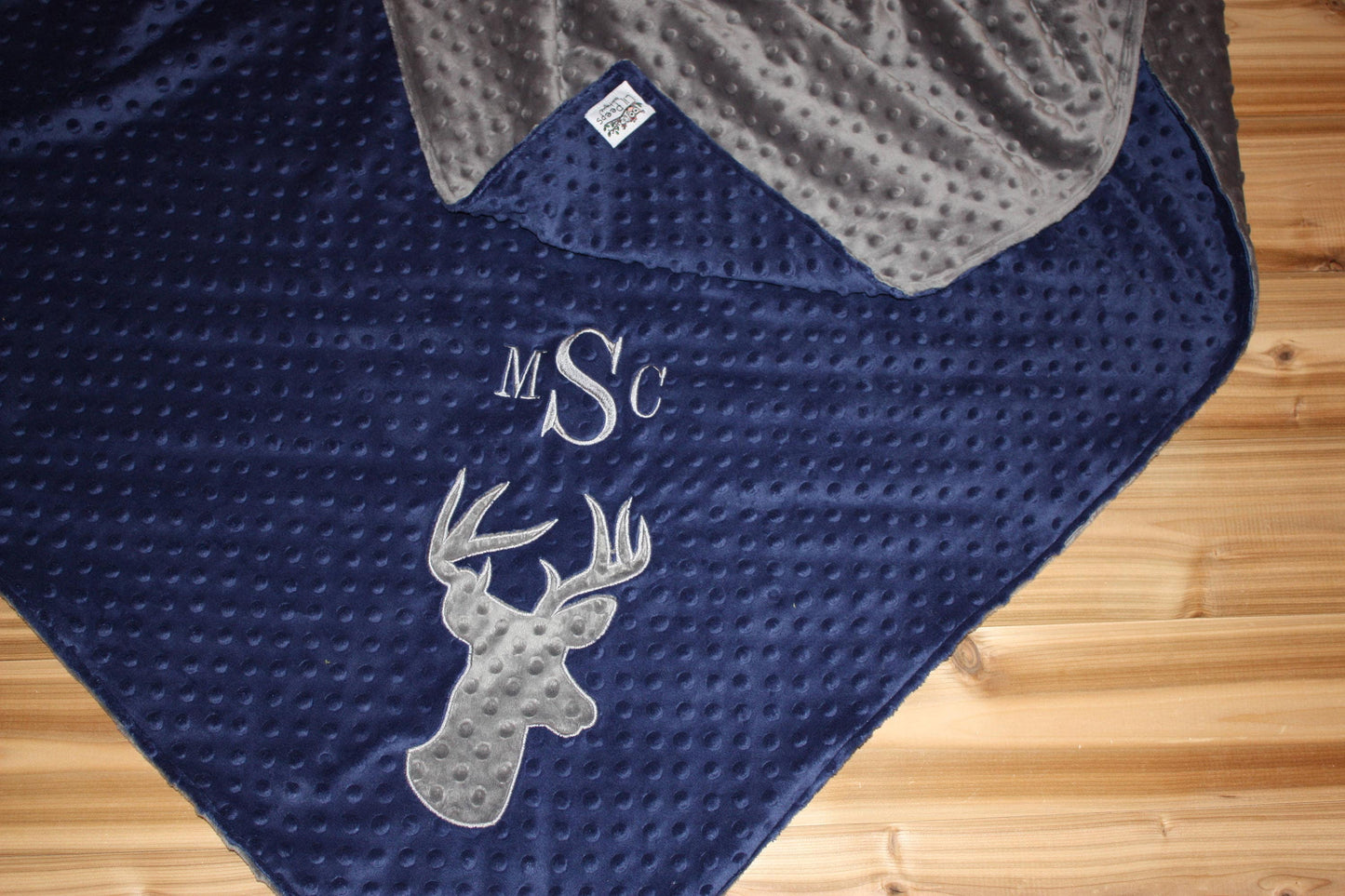 Buck- Personalized Minky Baby Blanket - Navy / Grey Minky - Embroidered Buck