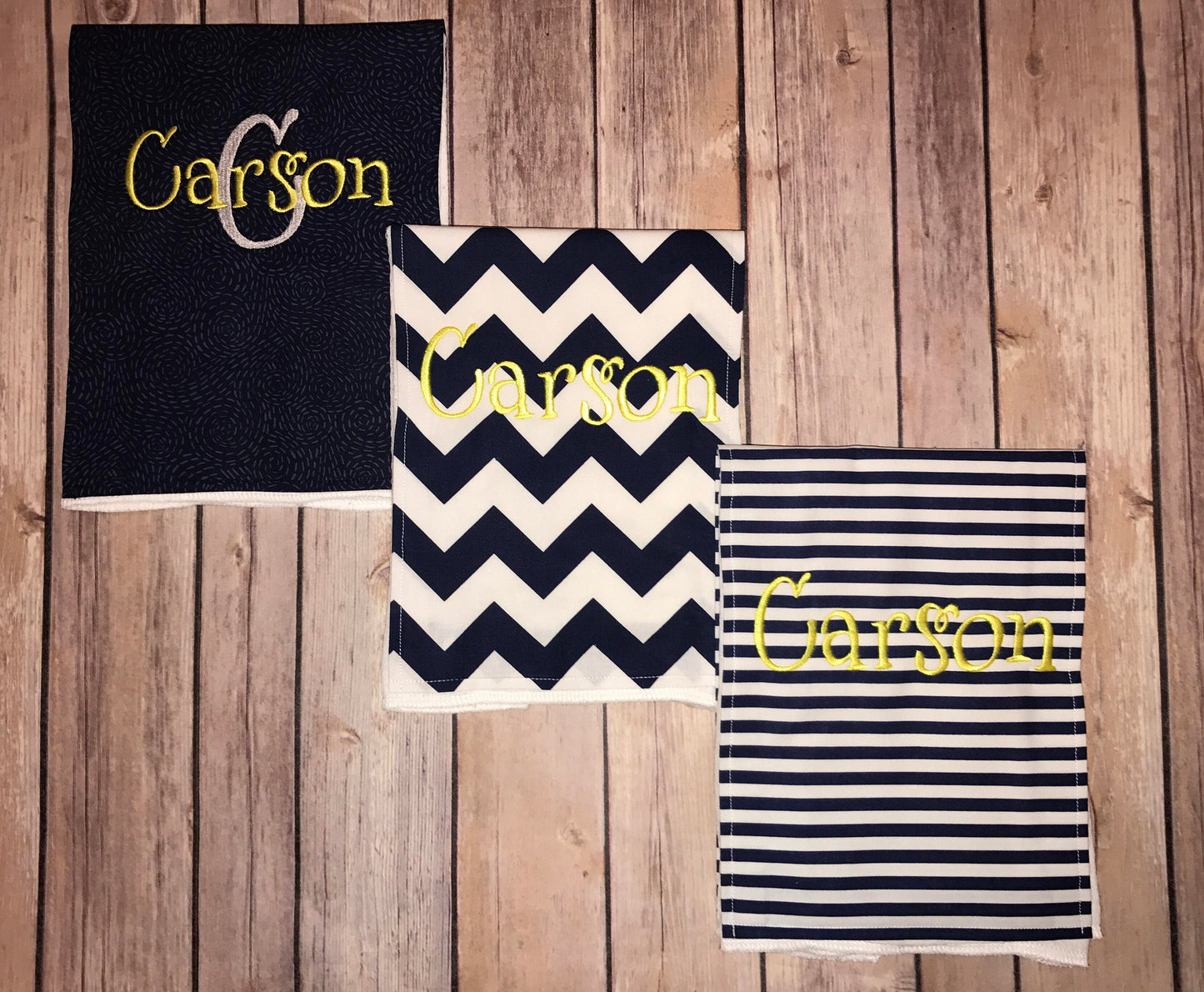 Personalized Burp Cloth Set of 3 - Navy Chevron, Navy & White Stripes and Navy Swirl