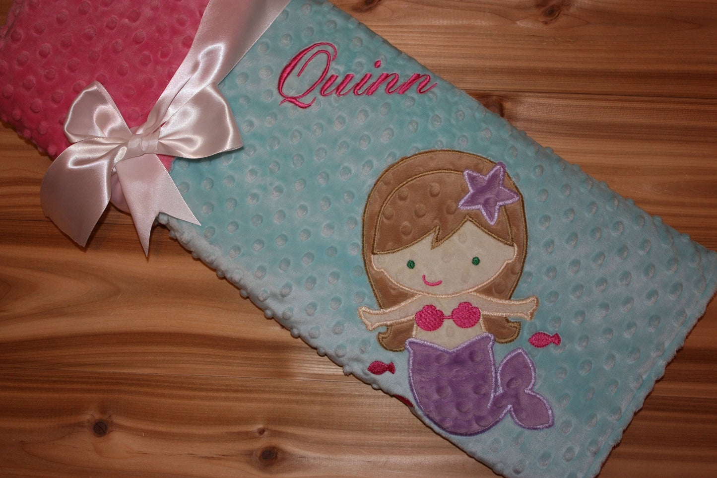 Mermaid- Personalized Minky Baby Blanket - Pink / Aqua  Minky - Embroidered Mermaid