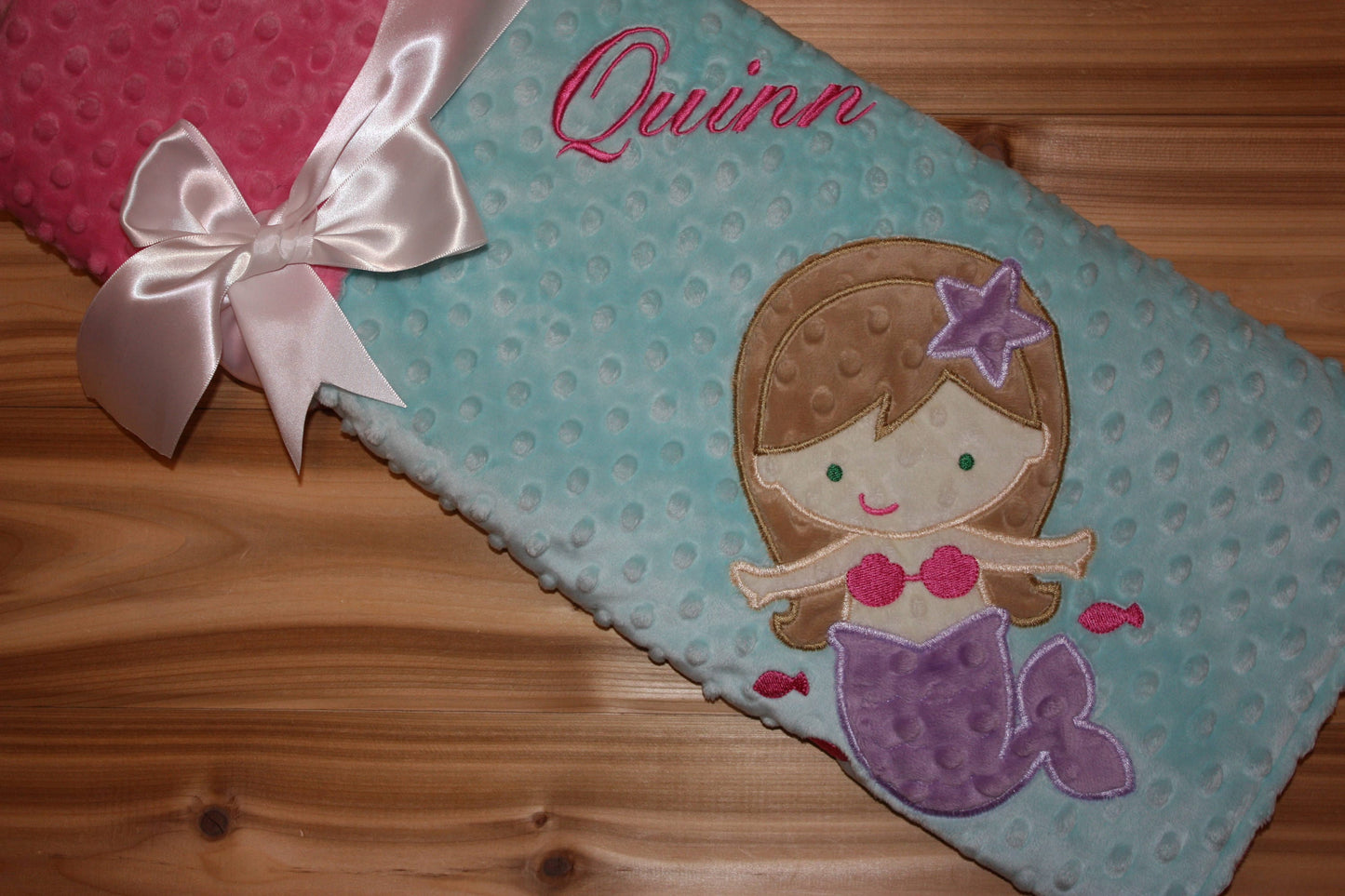 Mermaid- Personalized Minky Baby Blanket - Pink / Aqua  Minky - Embroidered Mermaid