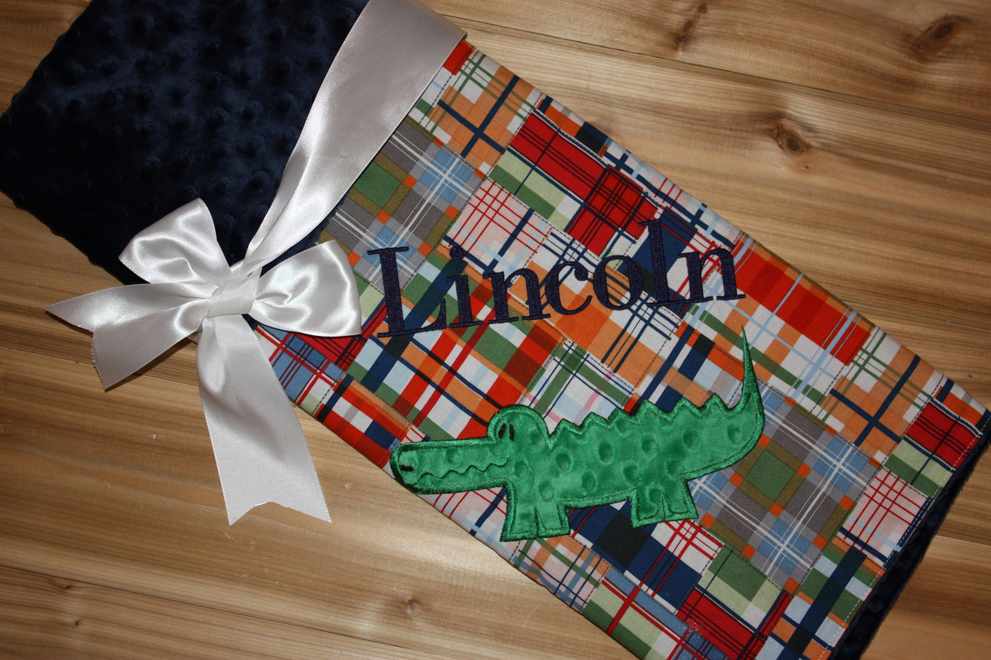 Alligator -Personalized Navy Minky Baby Blanket with Embroidered Alligator- Madras Plaid - Alligator Madras