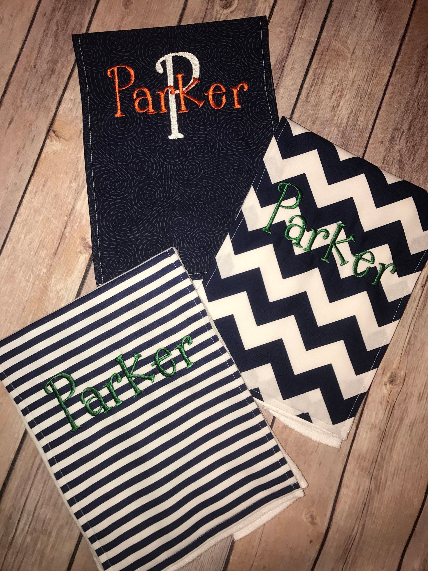 Personalized Burp Cloth Set of 3 - Navy Chevron, Navy & White Stripes and Navy Swirl