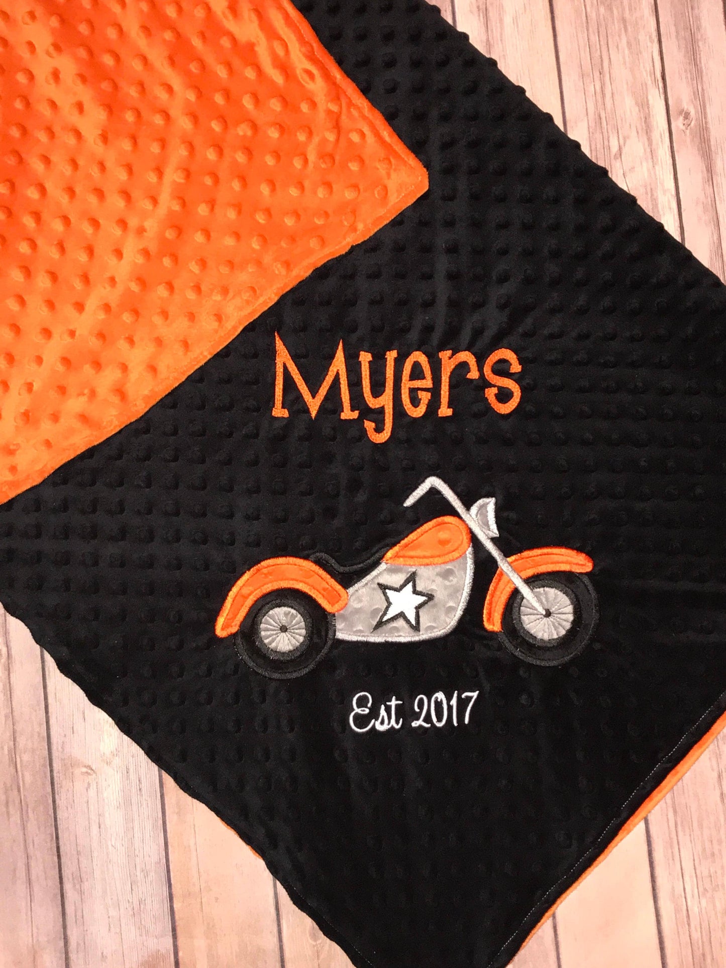 Motorcycle- Personalized Minky Baby Blanket - Black / Orange Minky - Embroidered Motorcycle