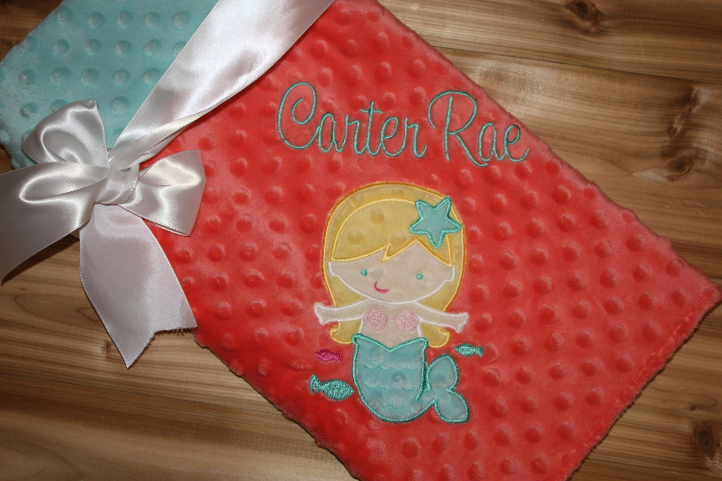 Mermaid- Personalized Minky Baby Blanket - Coral / Aqua  Minky - Embroidered Mermaid