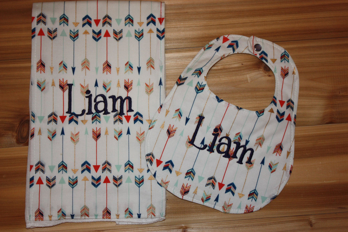 Arrows- Personalized - Boutique Bib and Burp Cloth set - Arrow print