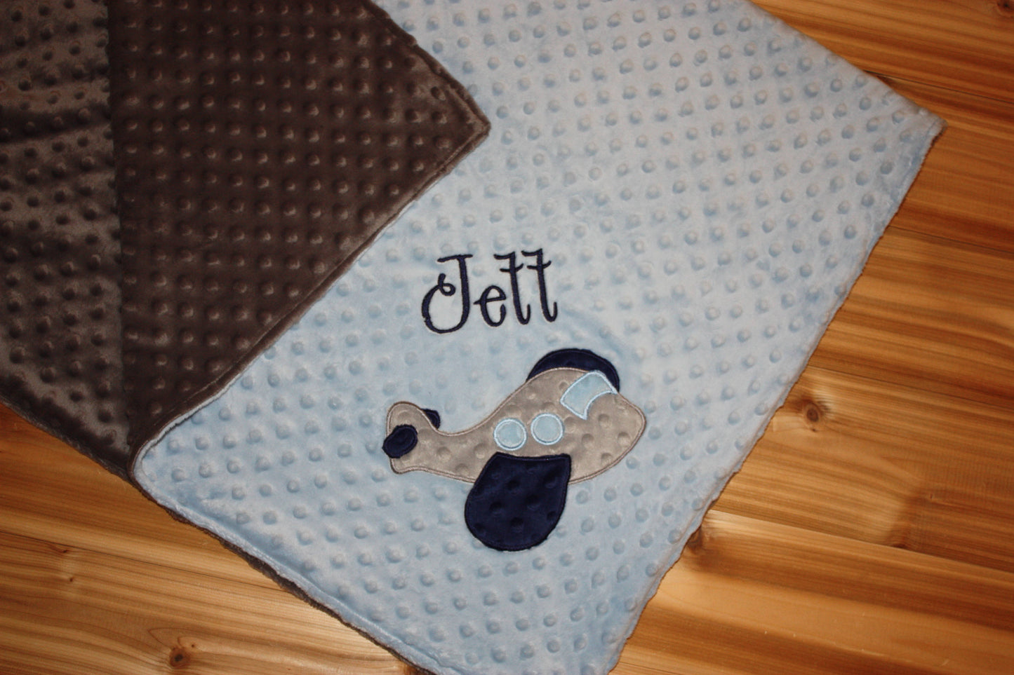 Airplane -Personalized Minky Baby Blanket - Baby Blue / Gray  Minky - Embroidered Airplane