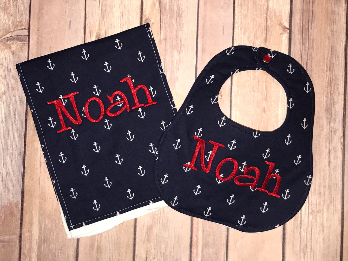 Personalized Bib and Burps Cloth set -Navy Anchors Boutique Bib and Burp Cloth set - Personalized