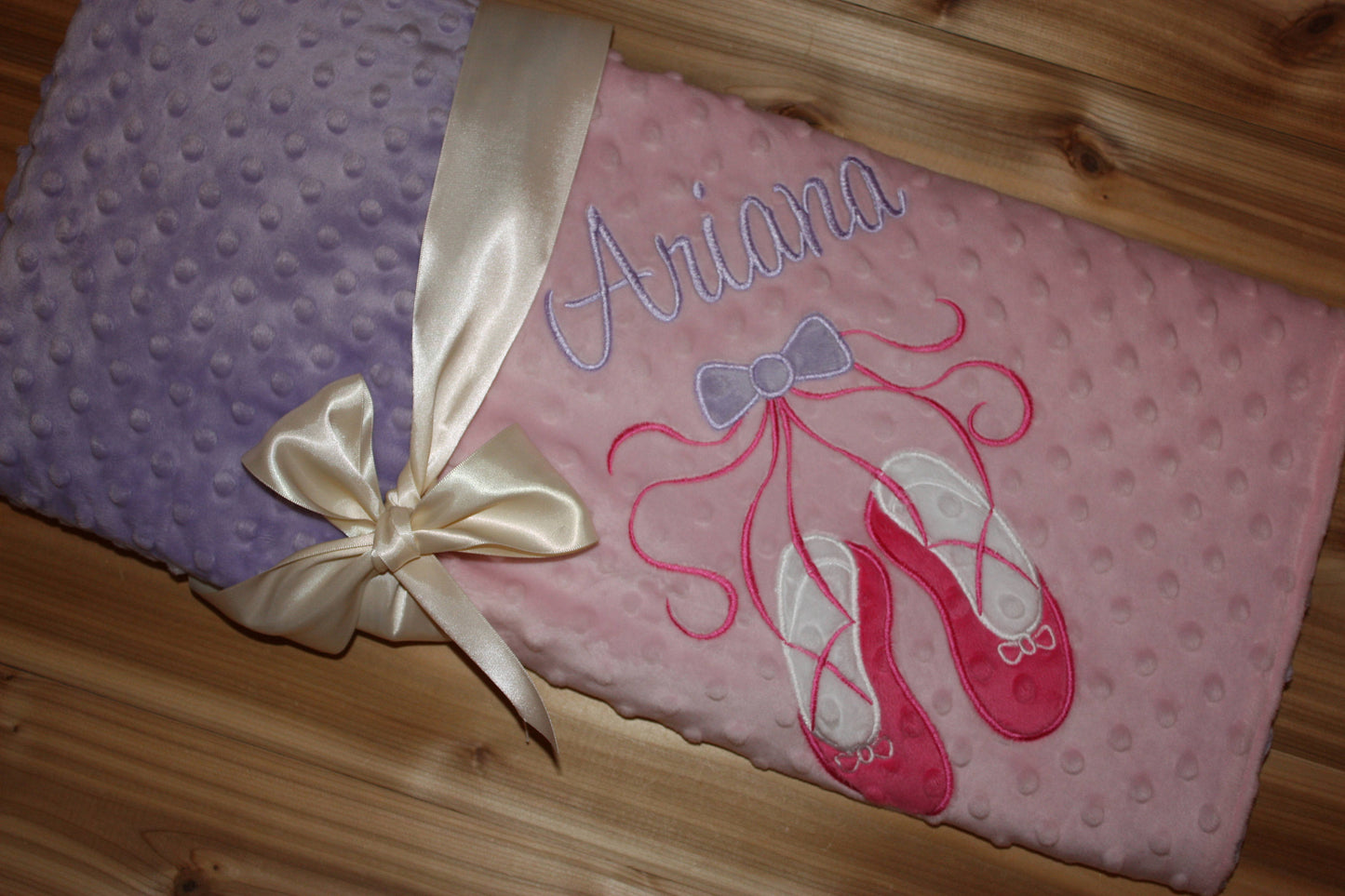 Personalized Ballet Minky Baby Blanket - Baby Pink / Lavender Minky - Embroidered Ballet Slippers