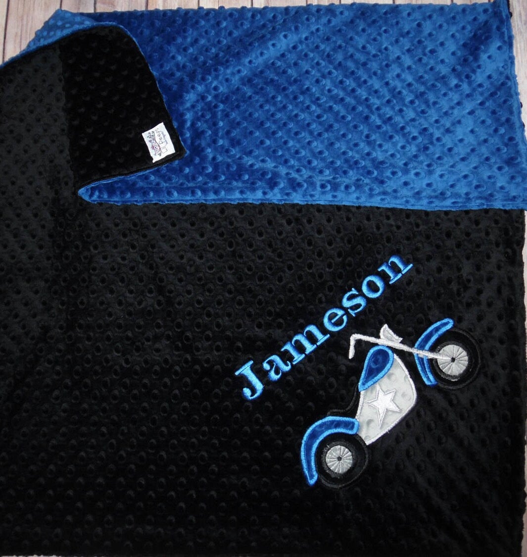 Motorcycle- Personalized Minky Baby Blanket - Black / Blue Minky