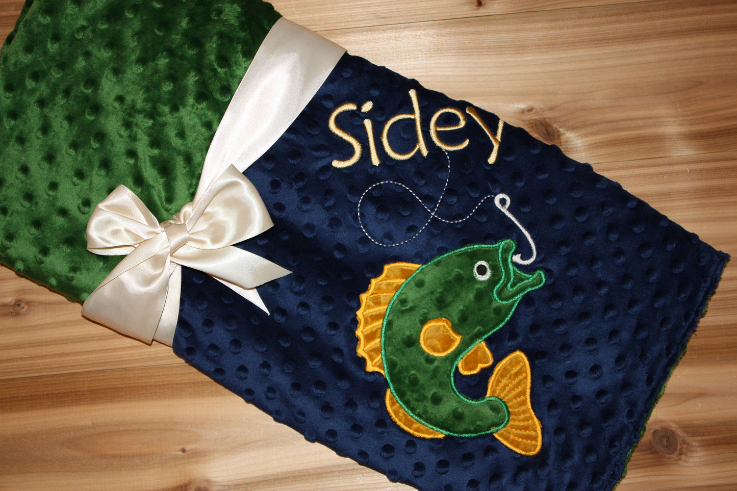 Fishing -Personalized Minky Baby Blanket - Navy Minky/ Green Minky - Embroidered Bass Fish