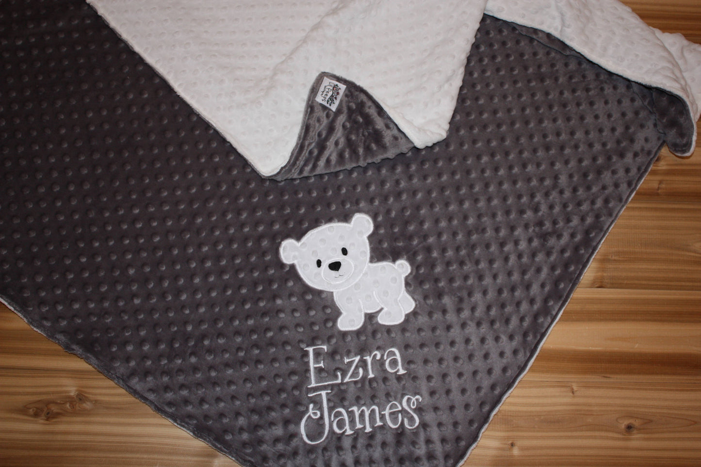 Polar Bear -Personalized Minky Baby Blanket - Grey / White  Minky - Embroidered Polar Bear