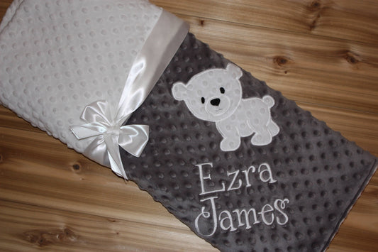 Polar Bear -Personalized Minky Baby Blanket - Grey / White  Minky - Embroidered Polar Bear