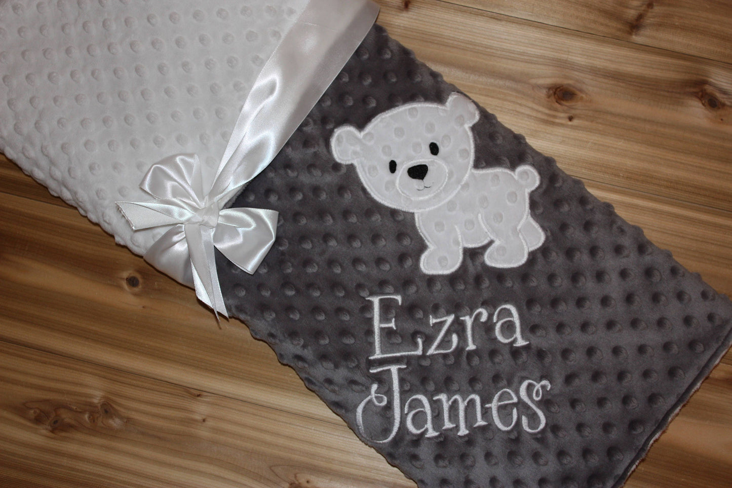 Polar Bear -Personalized Minky Baby Blanket - Grey / White  Minky - Embroidered Polar Bear