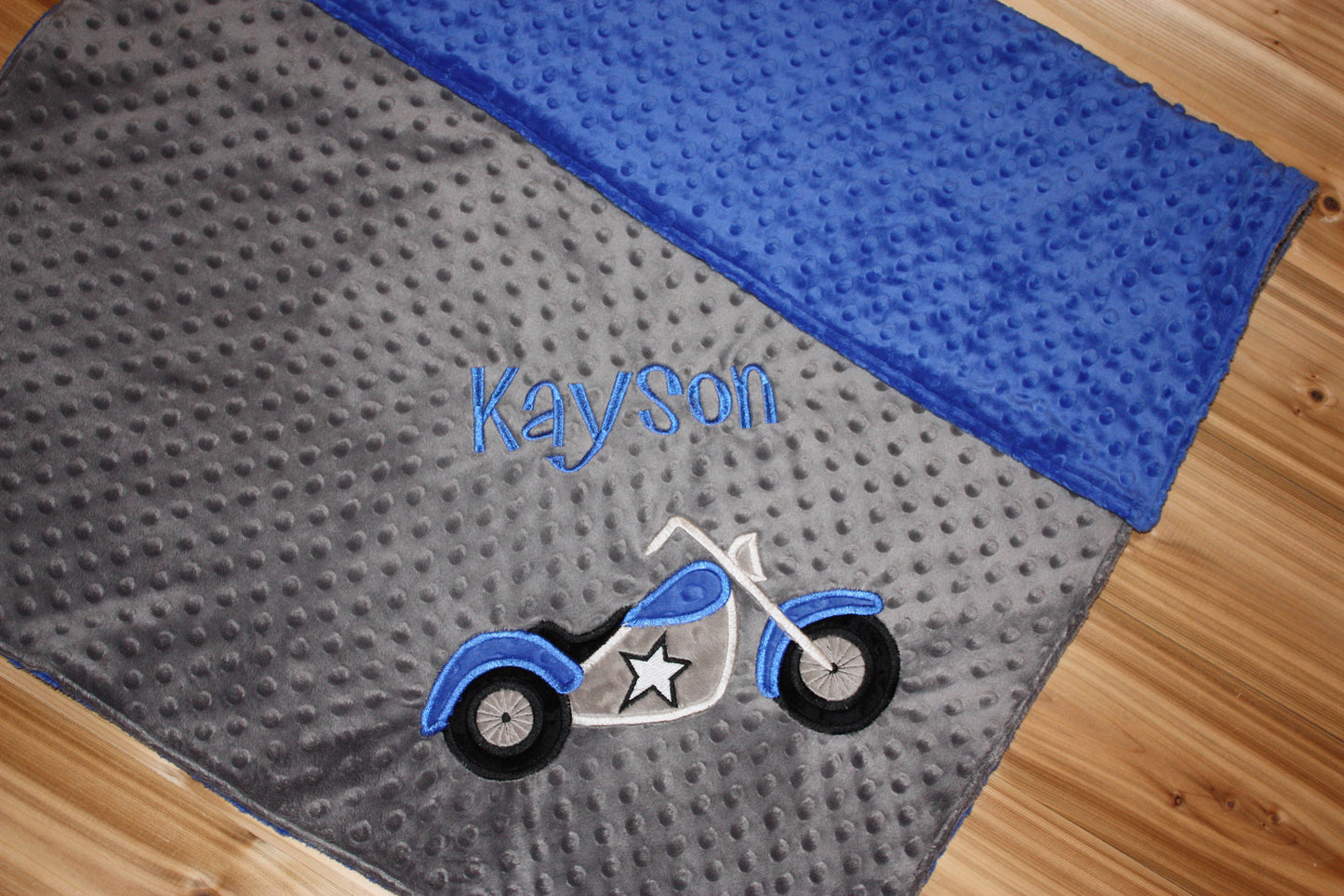 Motorcycle- Personalized Minky Baby Blanket - Gray / Blue Minky - Embroidered Motorcycle