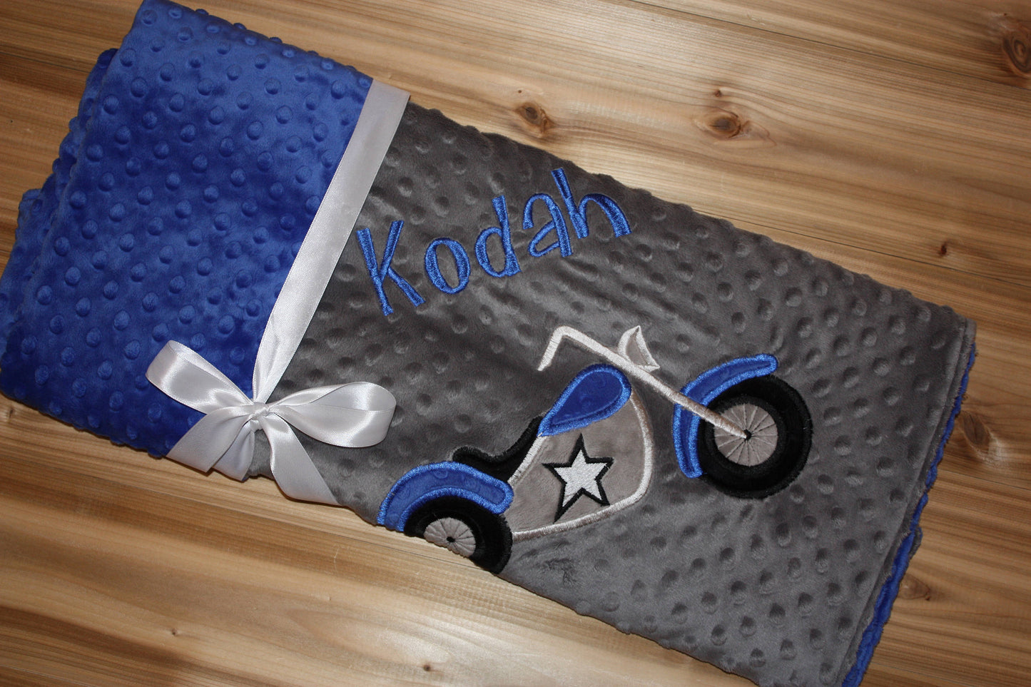 Motorcycle- Personalized Minky Baby Blanket - Gray / Blue Minky - Embroidered Motorcycle