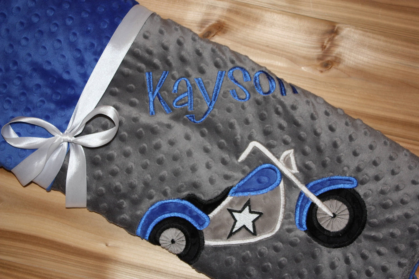 Motorcycle- Personalized Minky Baby Blanket - Gray / Blue Minky - Embroidered Motorcycle