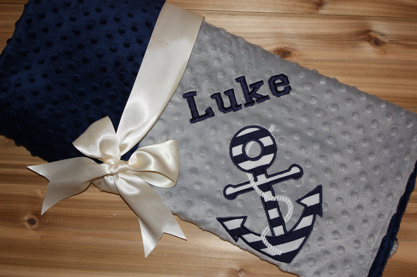 Anchor - Personalized Minky Baby Blanket - Grey / Navy  Minky - Embroidered Anchor