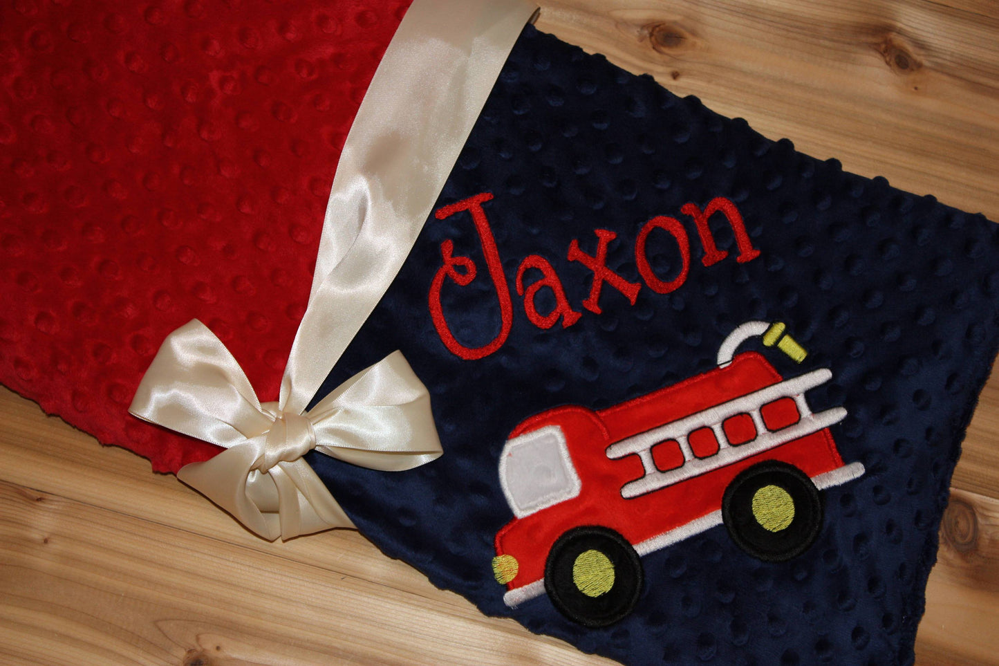 Fire Truck - Personalized Minky Baby Blanket - Red and Navy Minky - Embroidered Fire Truck