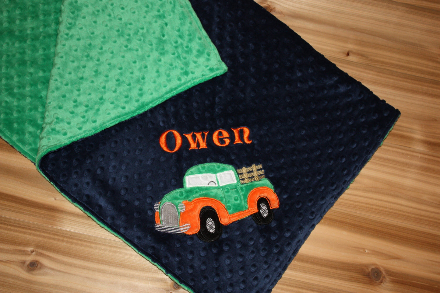 Antique Truck -Personalized Minky Baby Blanket - Green and orange Minky - Embroidered Antique Truck