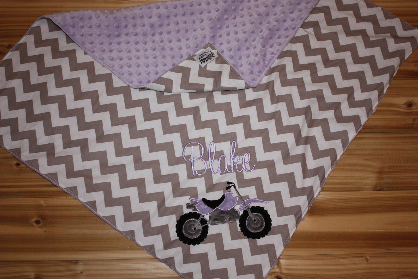 Dirt Bike- Personalized Minky Baby Blanket - Gray Chevron / Lavender Minky - Embroidered Dirt Bike