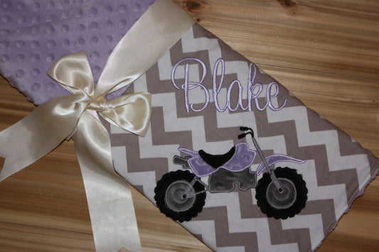 Dirt Bike- Personalized Minky Baby Blanket - Gray Chevron / Lavender Minky - Embroidered Dirt Bike