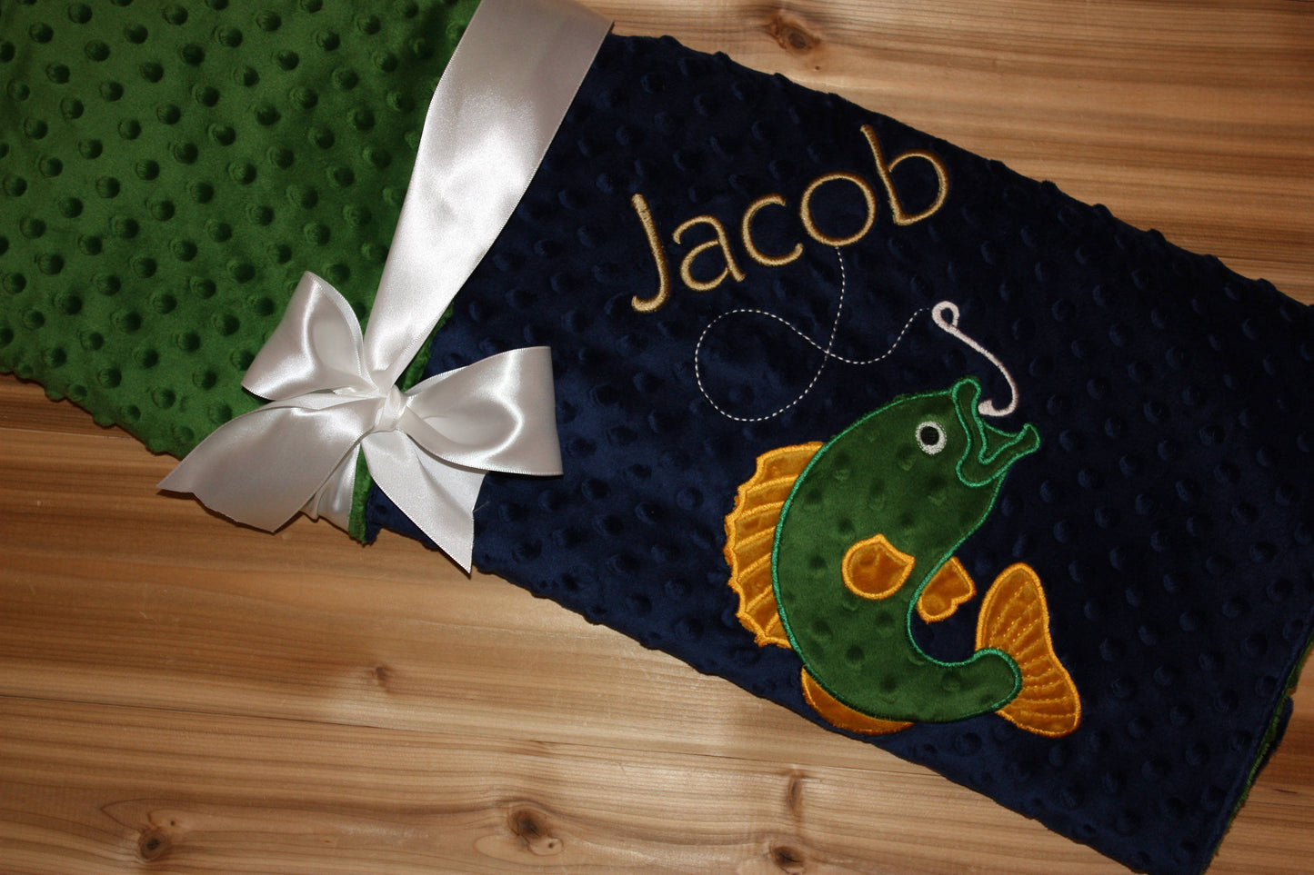 Fishing -Personalized Minky Baby Blanket - Navy Minky/ Green Minky - Embroidered Bass Fish