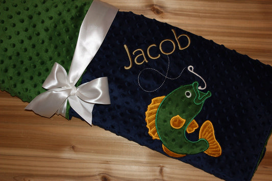 Fishing -Personalized Minky Baby Blanket - Navy Minky/ Green Minky - Embroidered Bass Fish