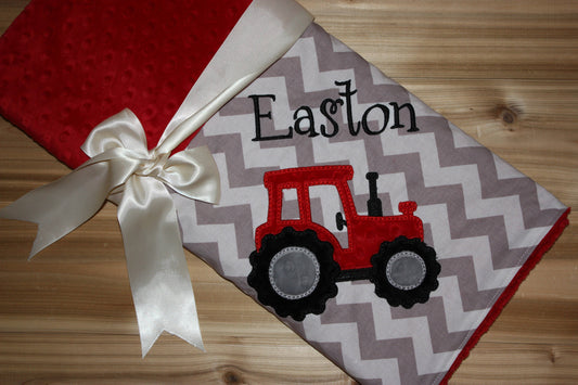 Tractor  - Chevron & Minky Baby Blanket with Embroidered Tractor