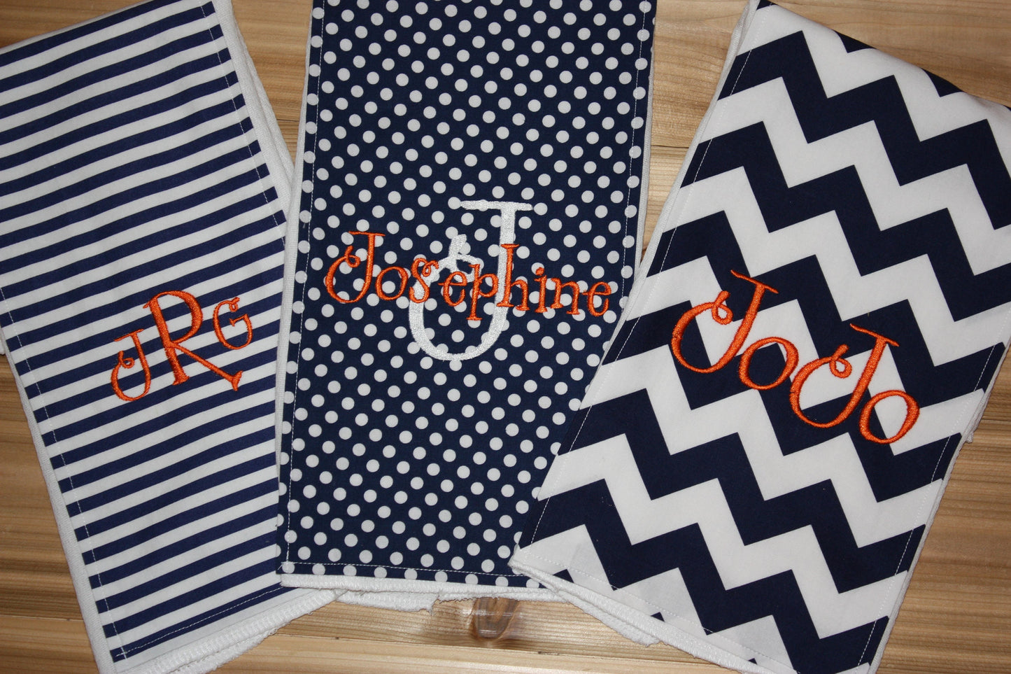 Personalized Burp Cloth Set of 3 - Navy Chevron, Navy & White Stripes and Navy Polka Dots