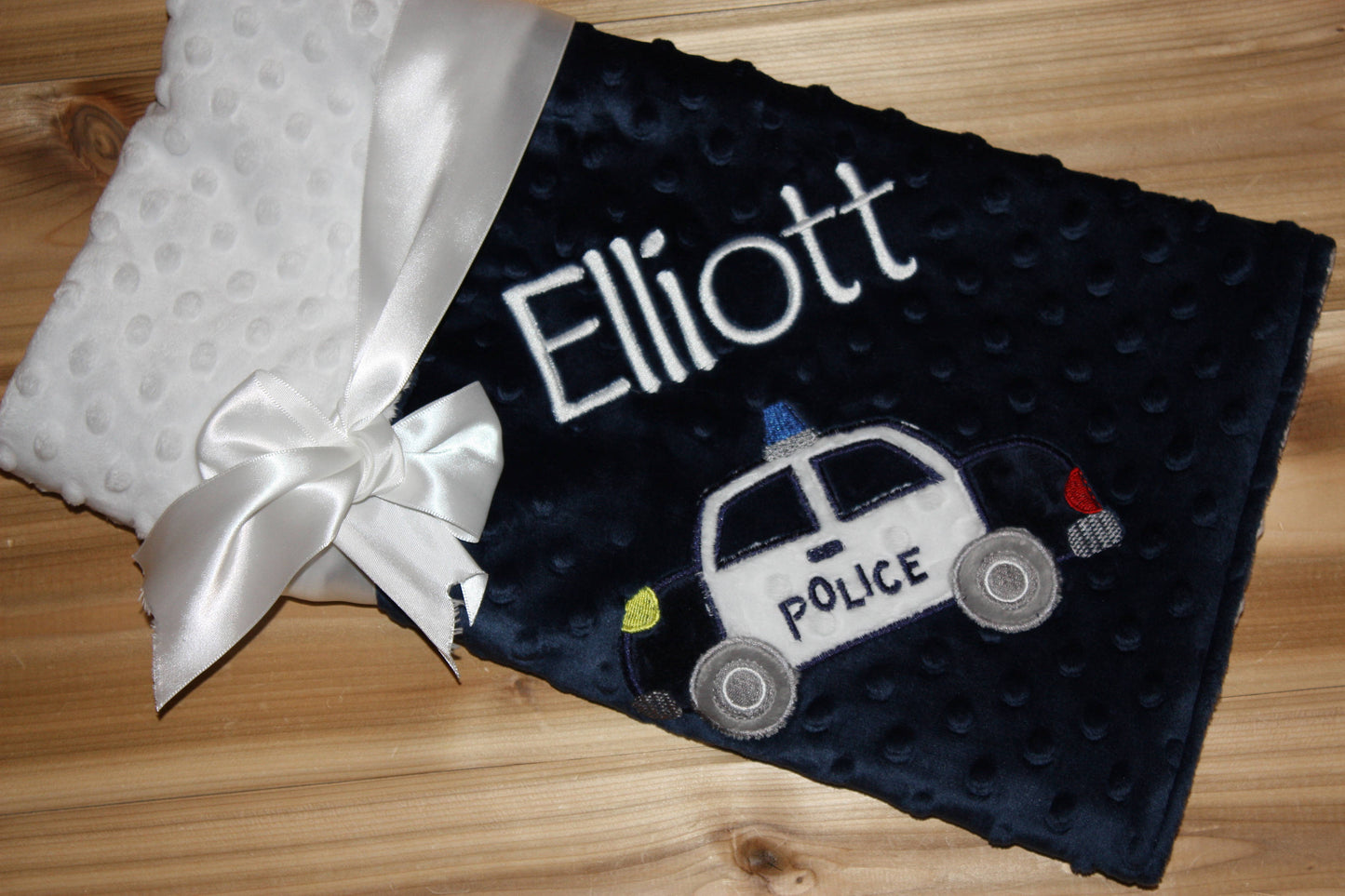 Police Car - Personalized Minky Baby Blanket - Navy Blue  / White Minky - Embroidered Police Car