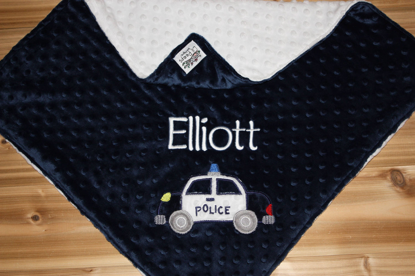 Police Car - Personalized Minky Baby Blanket - Navy Blue  / White Minky - Embroidered Police Car