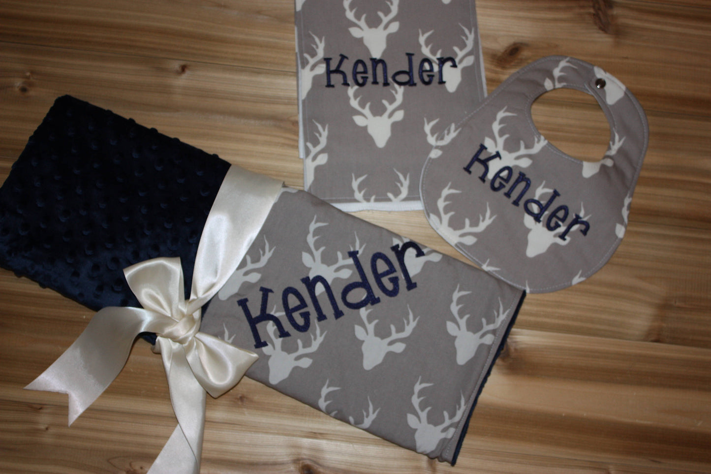 Buck / Deer- Personalized Baby Minky Blanket and Bib & Burp Cloth