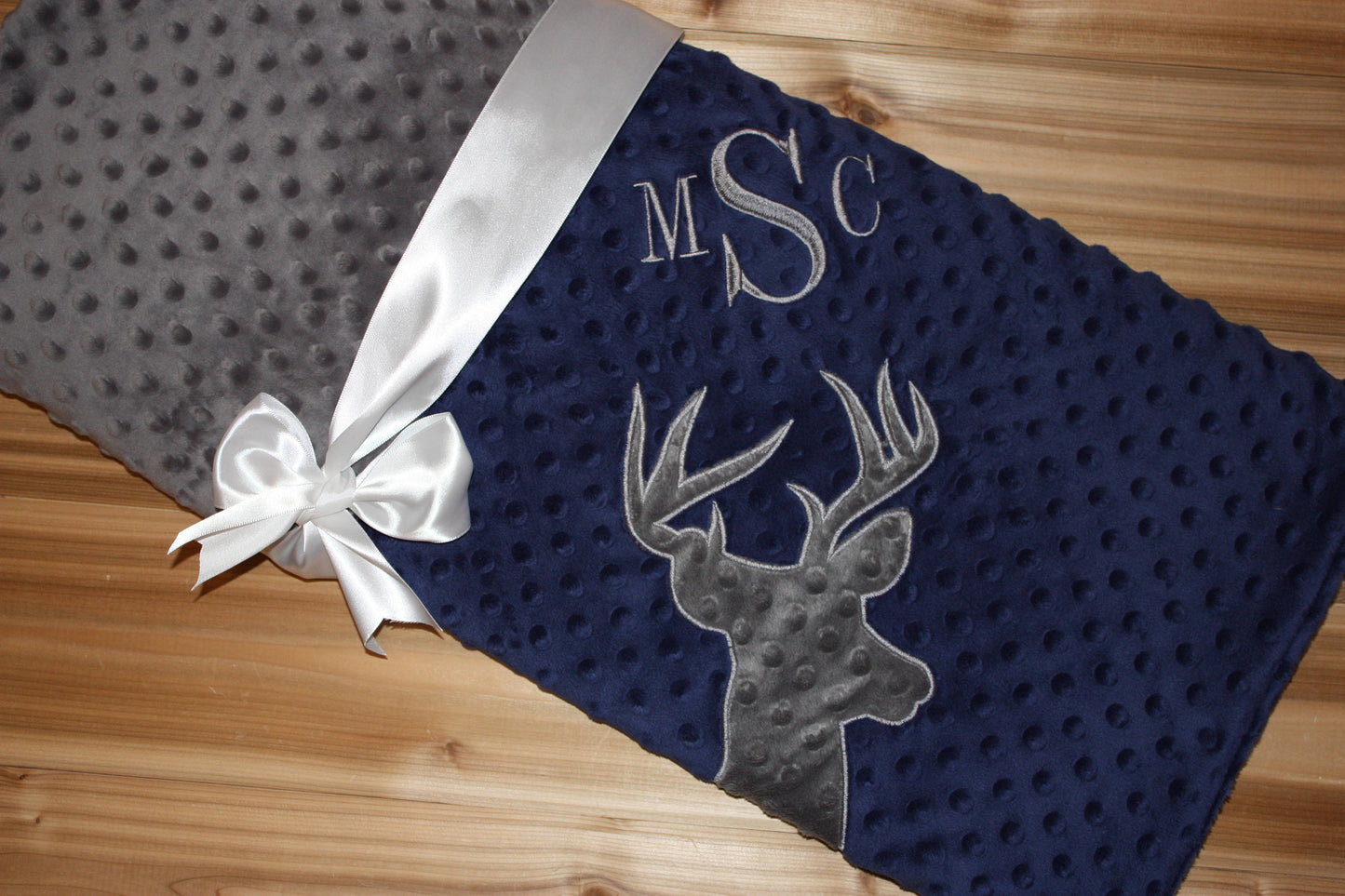 Buck- Personalized Minky Baby Blanket - Navy / Grey Minky - Embroidered Buck